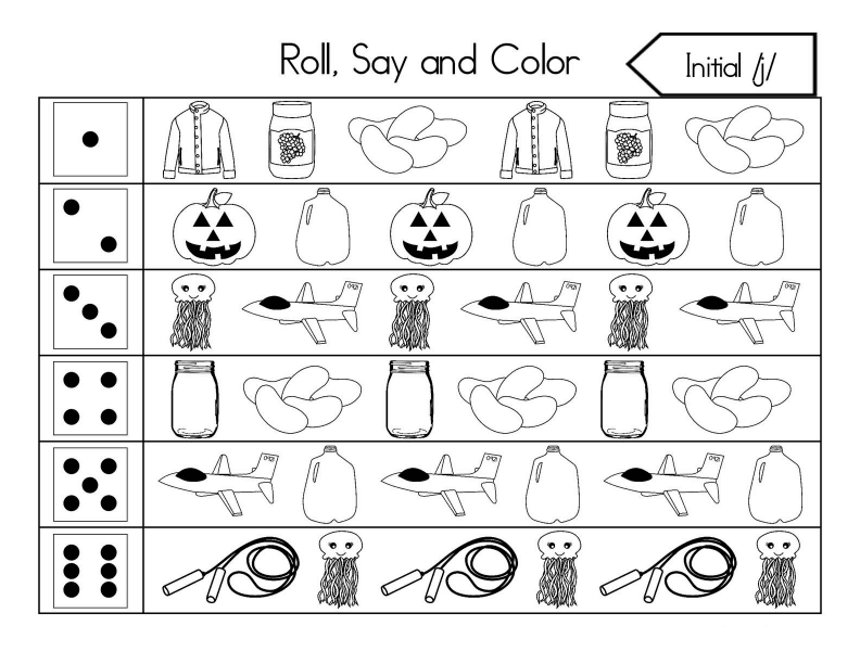 Roll, Say, and Color Initial Sounds Worksheet