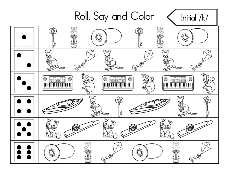 Roll, Say, and Color Initial Sounds Worksheet