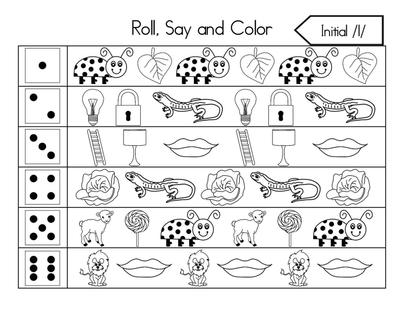 Roll, Say, and Color Initial Sounds Worksheet