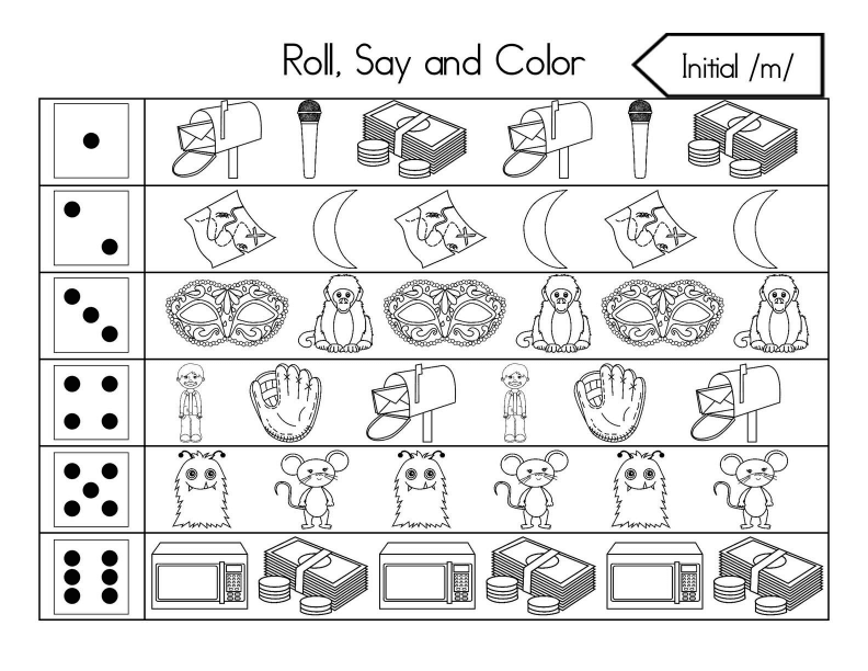 Roll, Say, and Color Initial Sounds Worksheet
