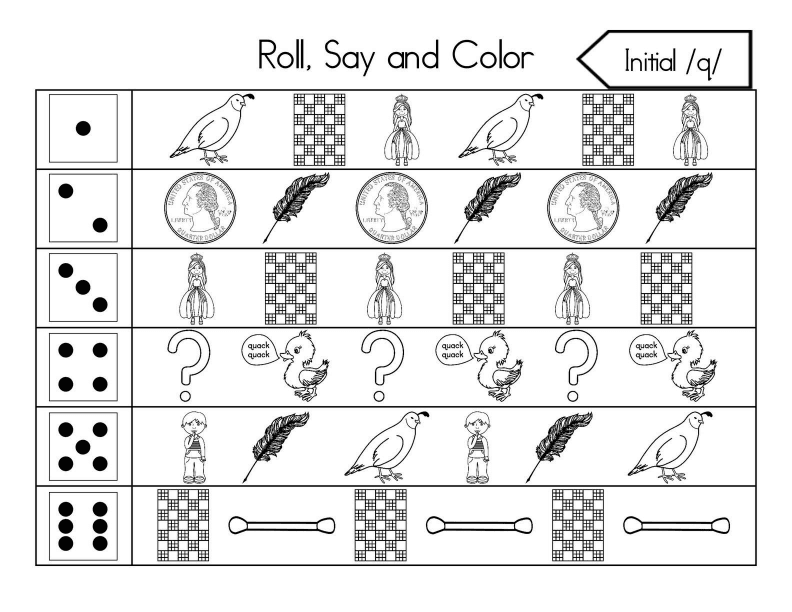 Roll, Say, and Color Initial Sounds Worksheet