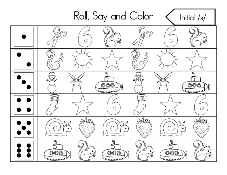 Roll, Say, and Color Initial Sounds Worksheet