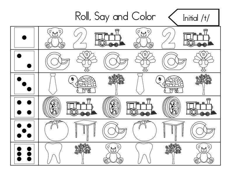 Roll, Say, and Color Initial Sounds Worksheet