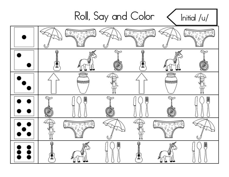 Roll, Say, and Color Initial Sounds Worksheet