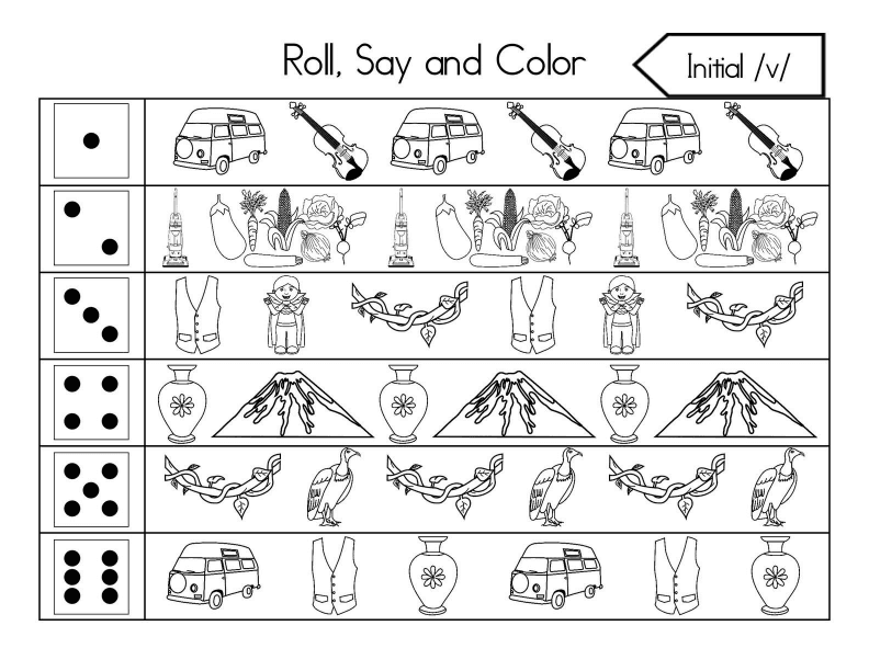 Roll, Say, and Color Initial Sounds Worksheet