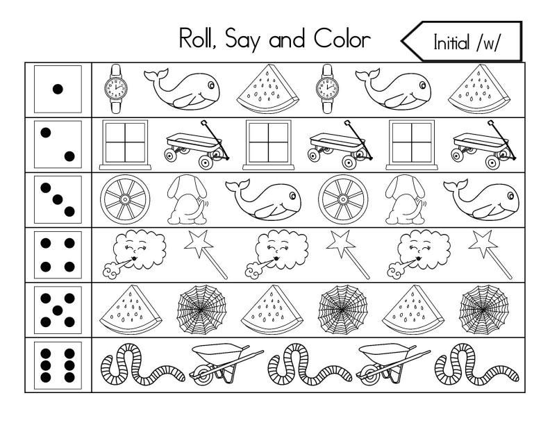 Roll, Say, and Color Initial Sounds Worksheet