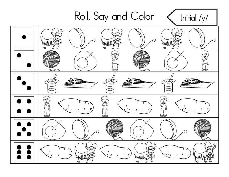 Roll, Say, and Color Initial Sounds Worksheet