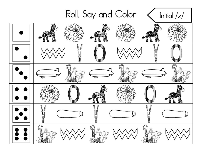 Roll, Say, and Color Initial Sounds Worksheet