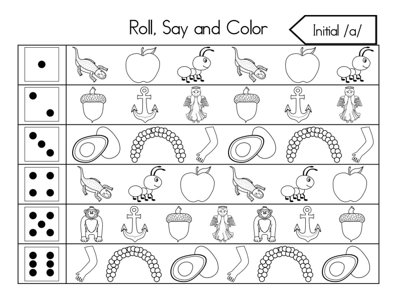 Roll, Say, and Color Initial Sounds Worksheet