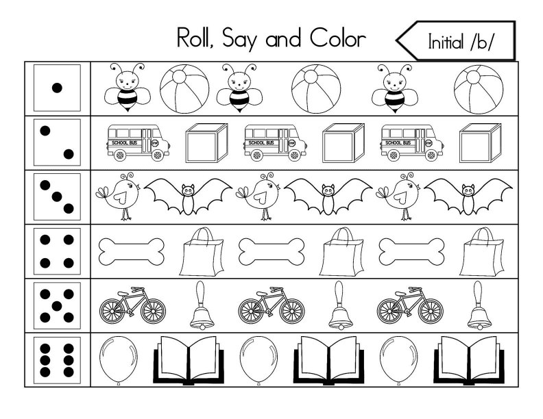 Roll, Say, and Color Initial Sounds Worksheet