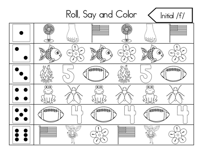 Roll, Say, and Color Initial Sounds Worksheet