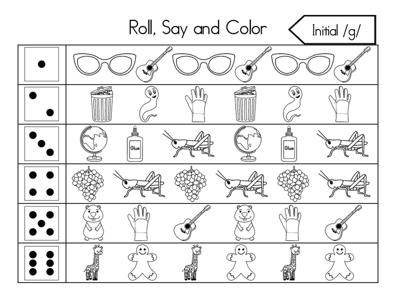 Roll, Say, and Color Initial Sounds Worksheet