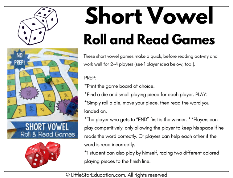 Short Vowel Roll and Read Complete Game Set