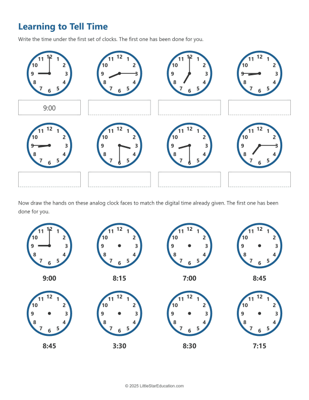 Time Telling Worksheet Learning to Tell Time