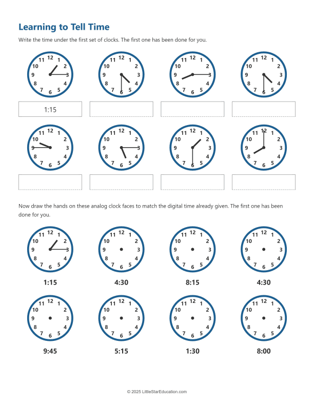 Time Telling Worksheet Learning to Tell Time