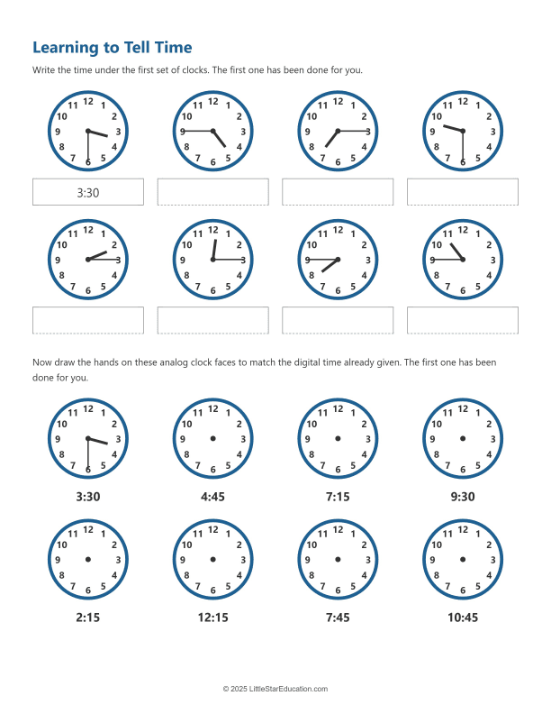 Time Telling Worksheet Learning to Tell Time