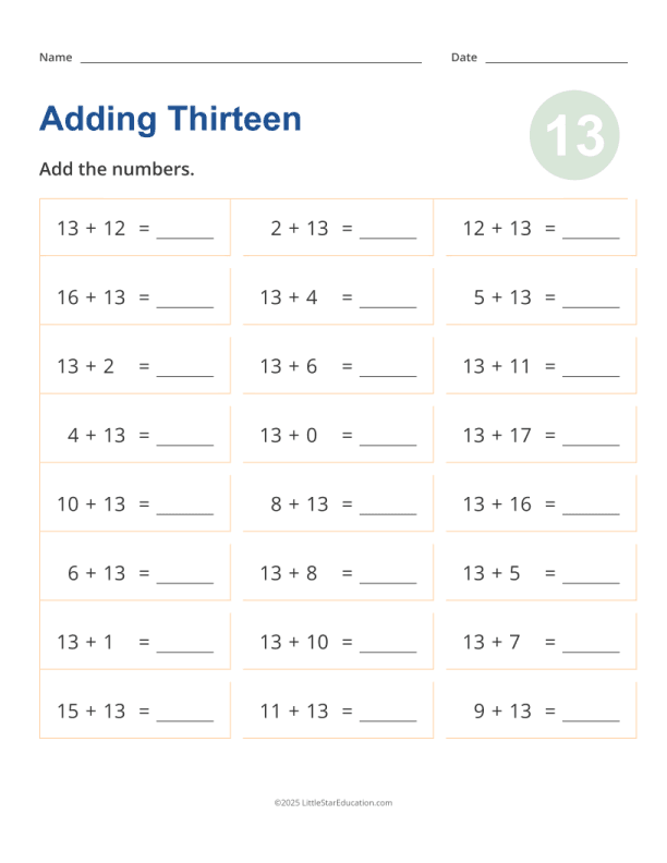 Adding 13 Worksheet