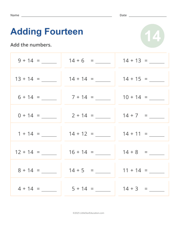 Adding 14 Worksheet