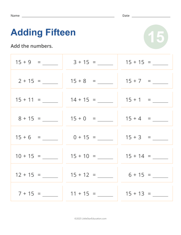 Adding 15 Worksheet
