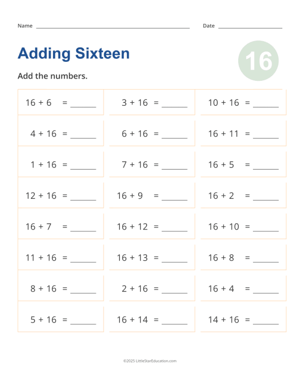 Adding 16 Worksheet