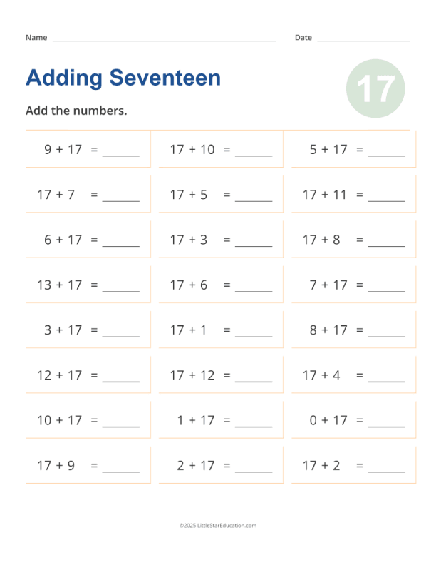 Adding 17 Worksheet