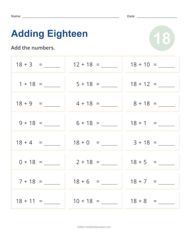 Adding 18 Worksheet