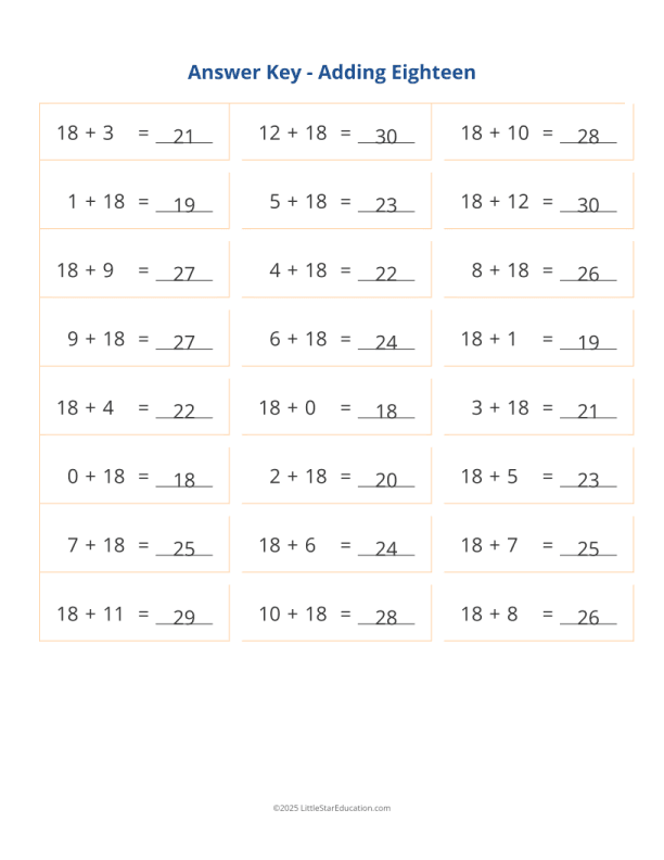 Adding 18 Worksheet
