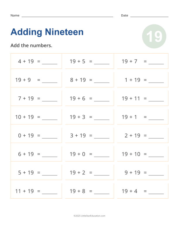 Adding 19 Worksheet