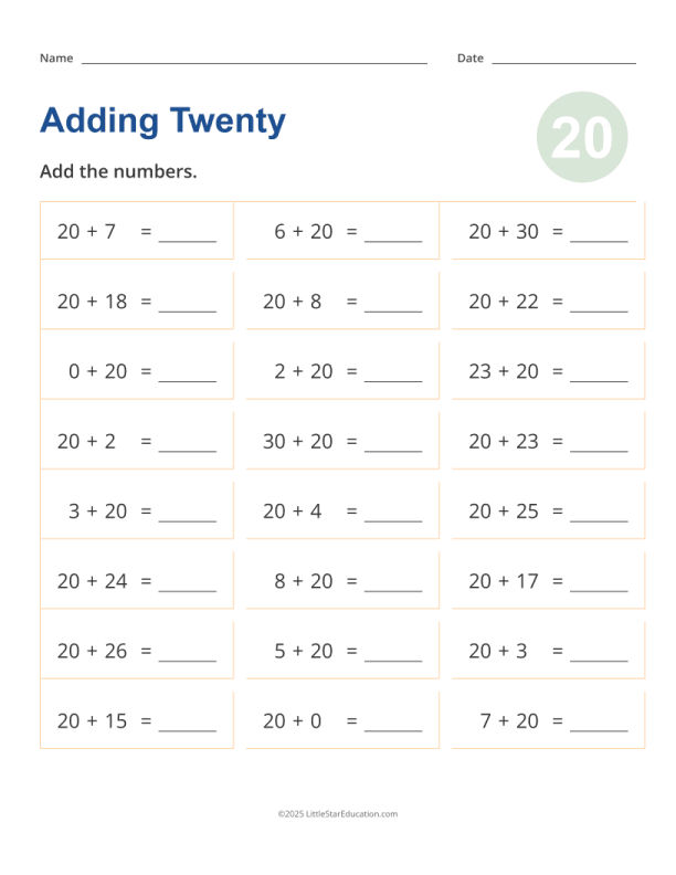 Adding 20 Worksheet