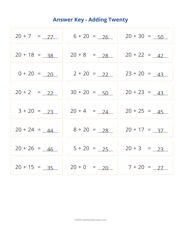 Adding 20 Worksheet