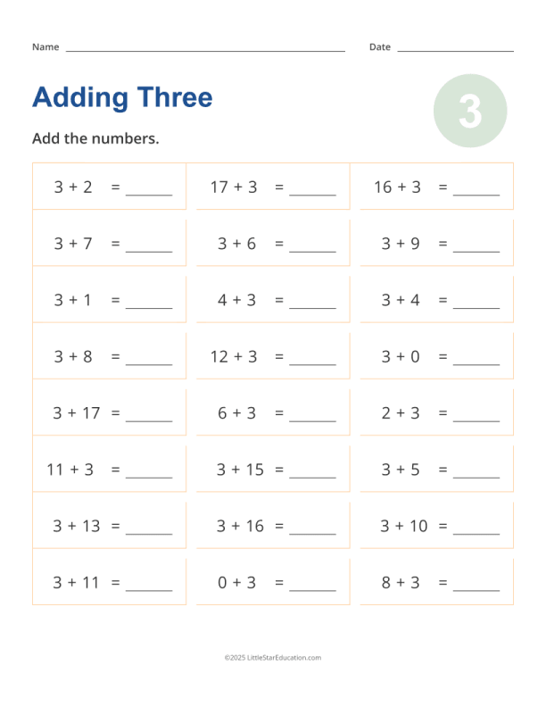 Adding 3 Worksheet