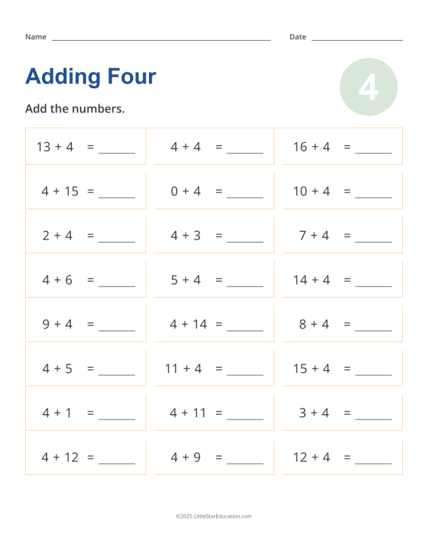Adding 4 Worksheet