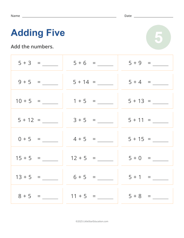 Adding 5 Worksheet