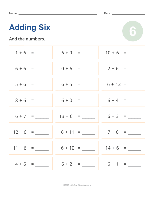 Adding 6 Worksheet