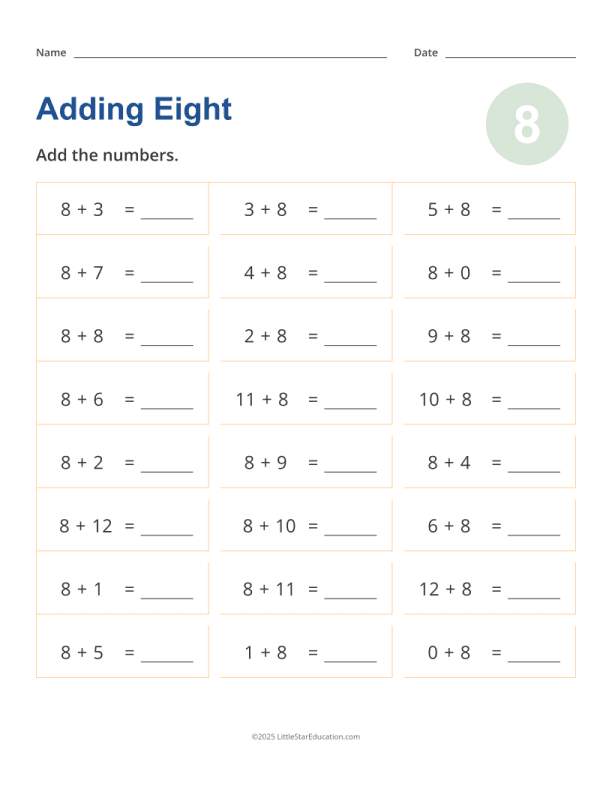 Adding 8 Worksheet