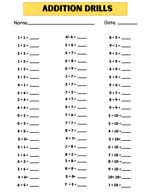 Addition: One Digit Addition Drills