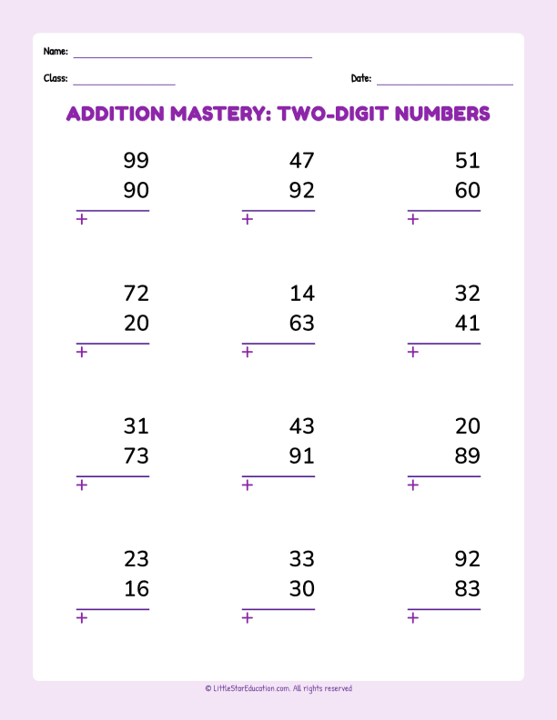 Addition Mastery Two Digit Numbers Basic