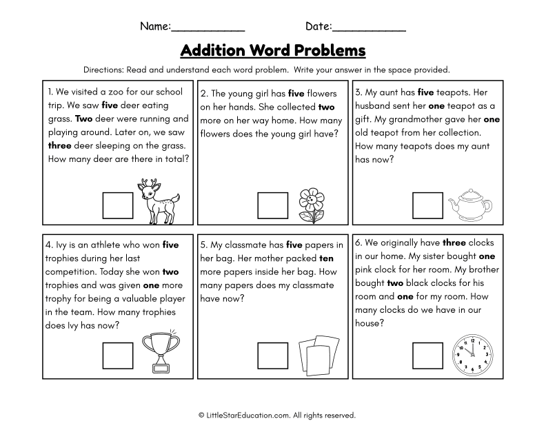 Addition Word Problems for First Grade Math