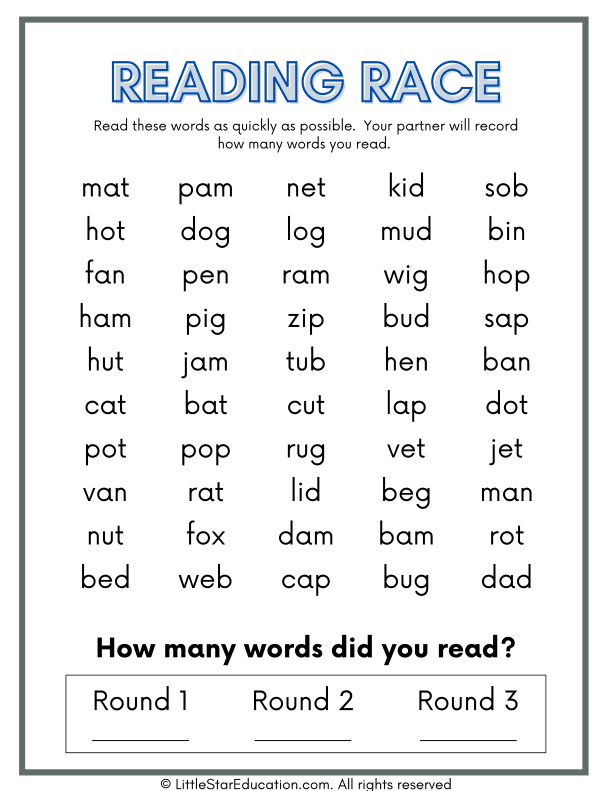 Blending Words Worksheet for Reading Race