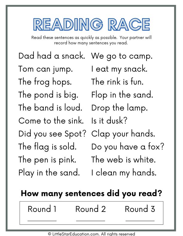 Blending Words Worksheet for Reading Race