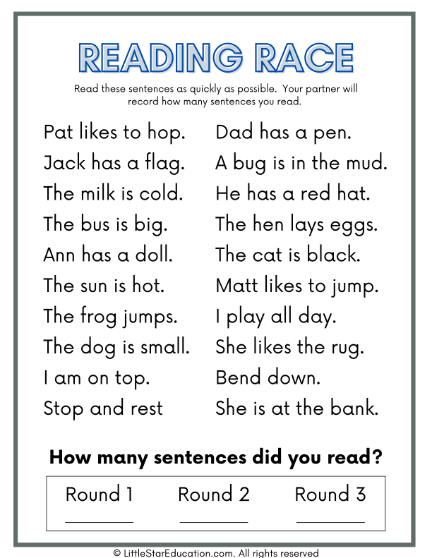 Blending Words Worksheet for Reading Race