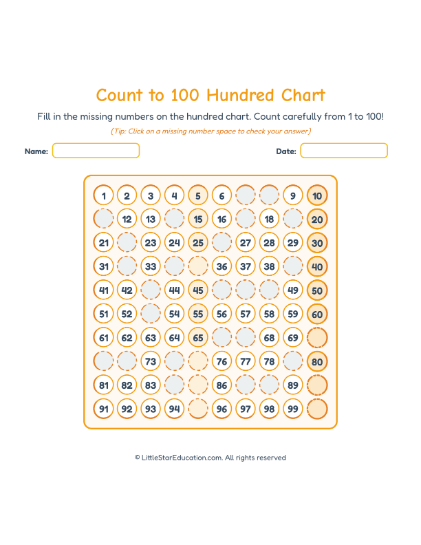 Count to 100 Hundred Chart Worksheets
