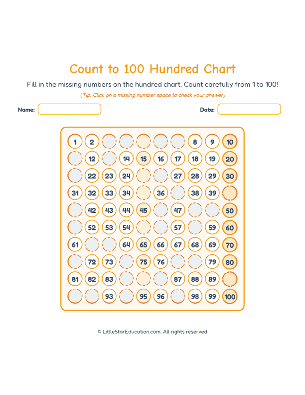 Count to 100 Hundred Chart Worksheets