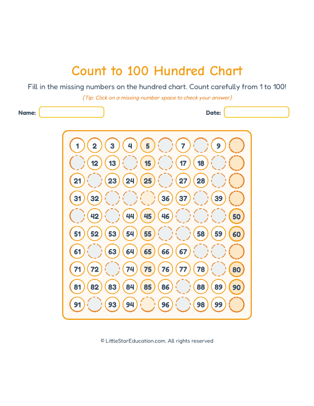 Count to 100 Hundred Chart Worksheets