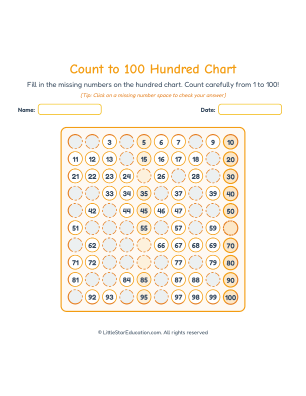 Count to 100 Hundred Chart Worksheets