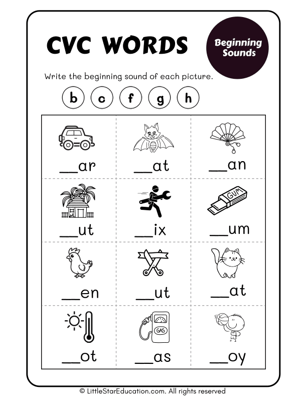 Cvc Beginning Sounds B C F G H worksheet