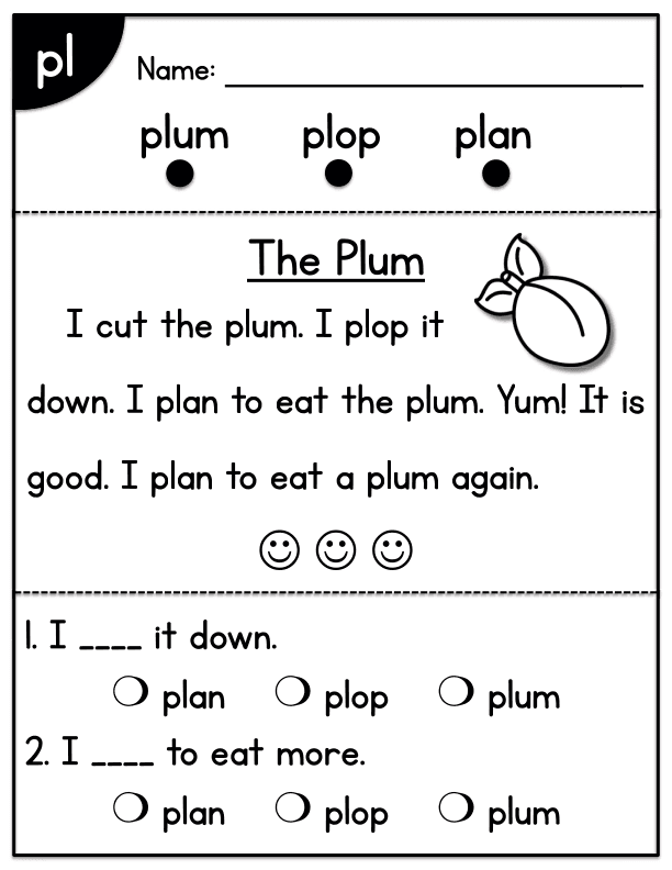 CVC Blend Worksheet: 'pl' Beginning