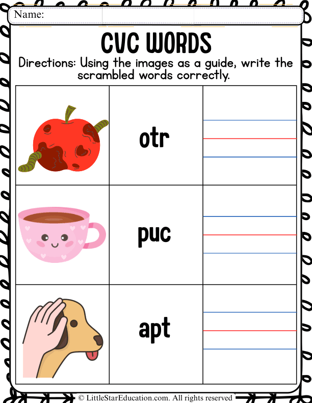 CVC Word Unscramble with Picture Clues