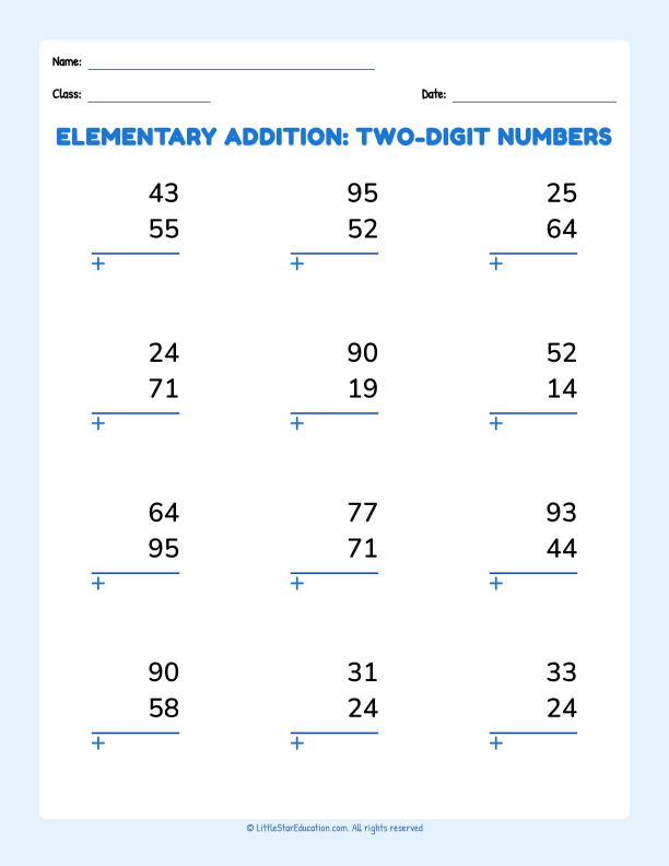 Elementary Addition Two Digit Numbers Basic