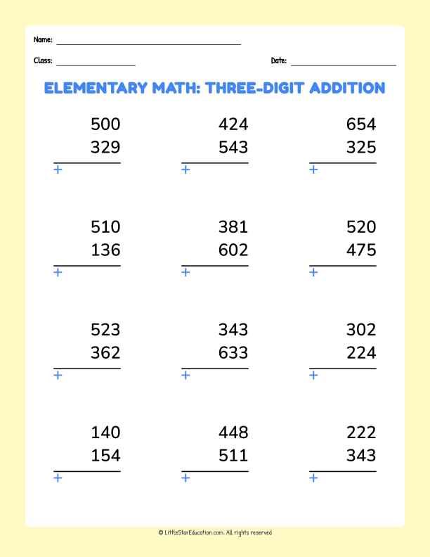 Elementary Math Three Digit Addition Basic